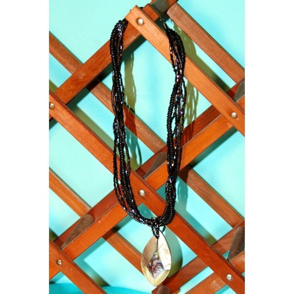 Vintage Necklace Irridescent Seed Beads Multi Strand Oval Pendant Adj Length